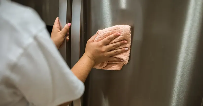 Clean commercial laundromat with rows of washing machines