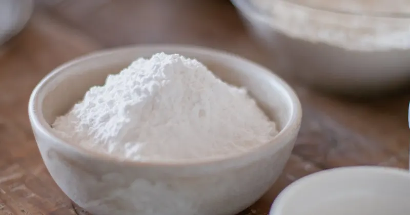 White cornstarch powder in a ceramic bowl for cleaning use