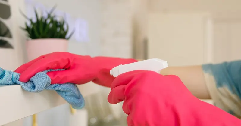 Person cleaning a wall surface after wallpaper removal
