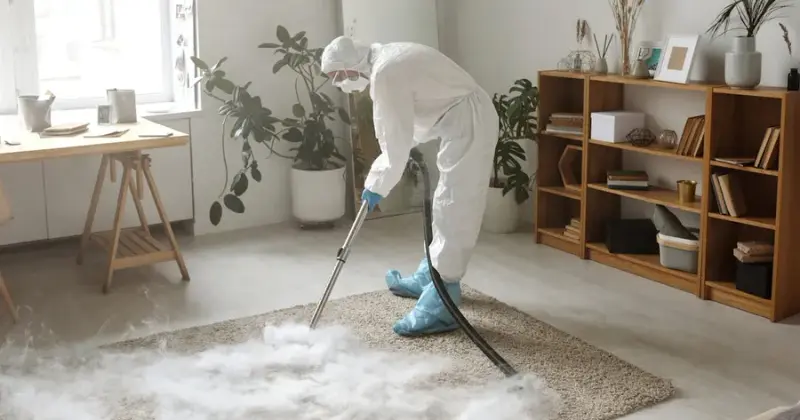 Professional carpet cleaning machine extracting dirt from beige carpet in a North Houston living