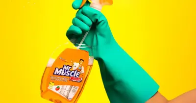 Person holding a cleaning spray bottle with gloves