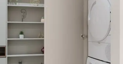 Washing machine and dryer stacked in a laundry cabinet