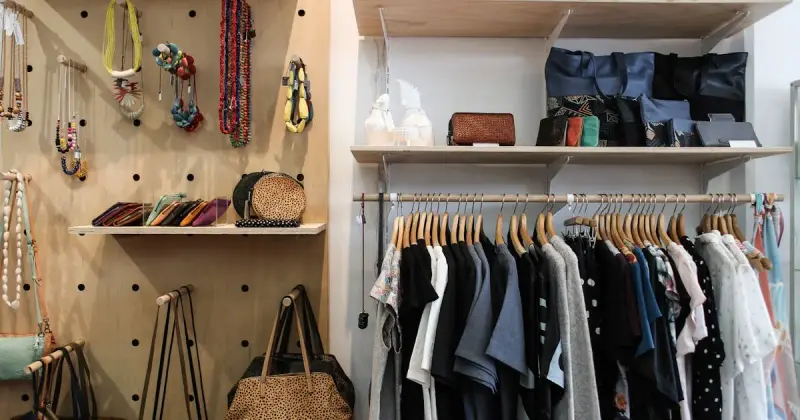 A person carrying a variety of secondhand clothes on hangers in a thrift store setting.