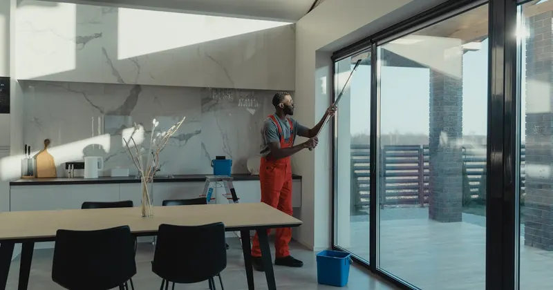 Person cleaning glass windows indoors
