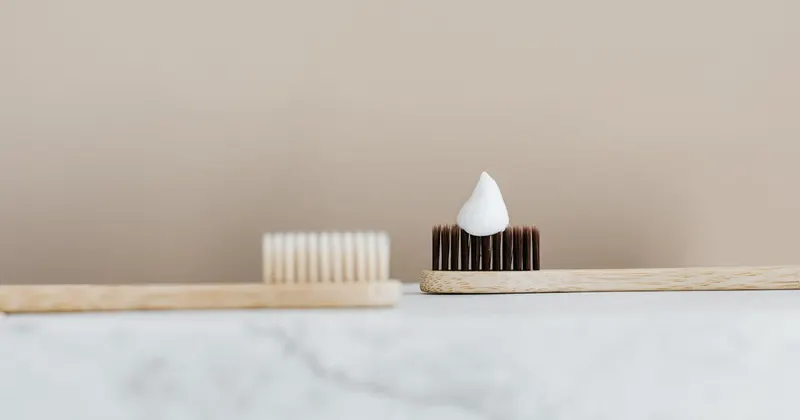 Toothpaste on a bamboo toothbrush close-up