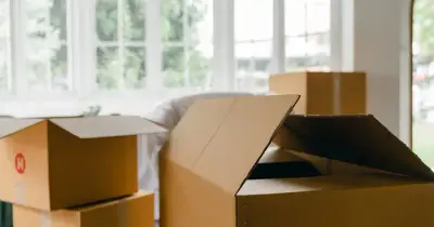 Empty apartment with moving boxes and freshly cleaned floors