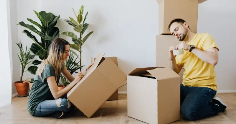 Tired woman leaning on a moving box while packing and relocating to a new home.