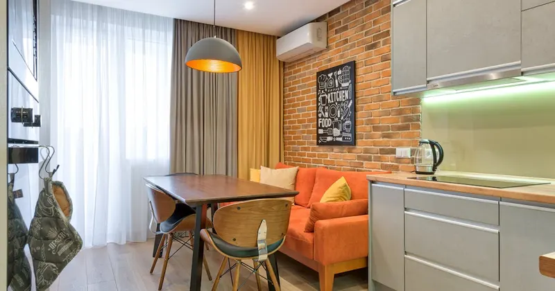 Interior of a small modern studio apartment with efficient storage