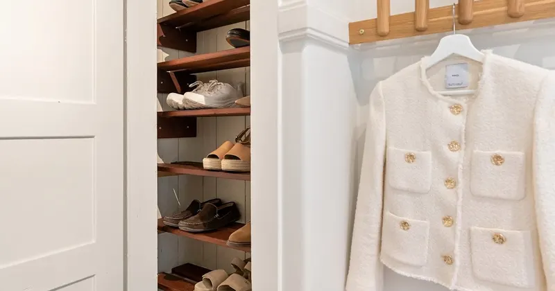 Opened wardrobe with organized shoe rack and coat hangers