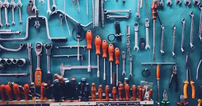 Workshop wall and desk with neatly sorted and organized tools