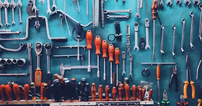 Workshop wall and desk with neatly sorted and organized tools