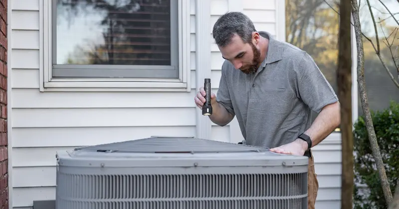 Technician inspecting an outdoor unit for seasonal maintenance