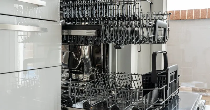 Empty rack of an open dishwasher in a modern kitchen