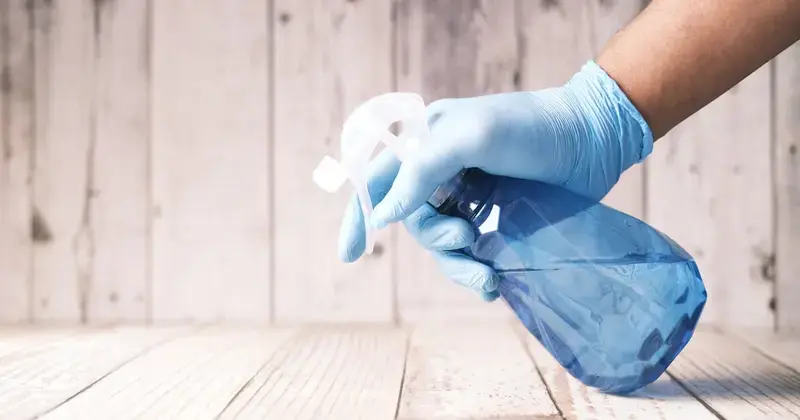Professional cleaner deep cleaning a kitchen counter with spray bottle and microfiber cloth