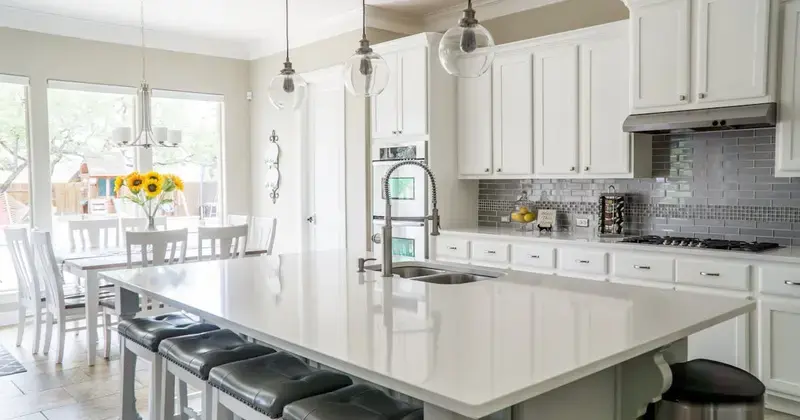Clean modern home interior with cleaning supplies on kitchen counter