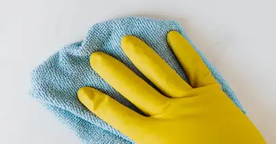 Organized cleaning supplies in a caddy on a bright kitchen counter