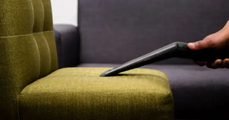 Professional cleaner treating a fabric sofa with an upholstery cleaning machine