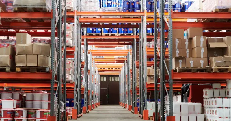 Large warehouse interior with clean concrete floors