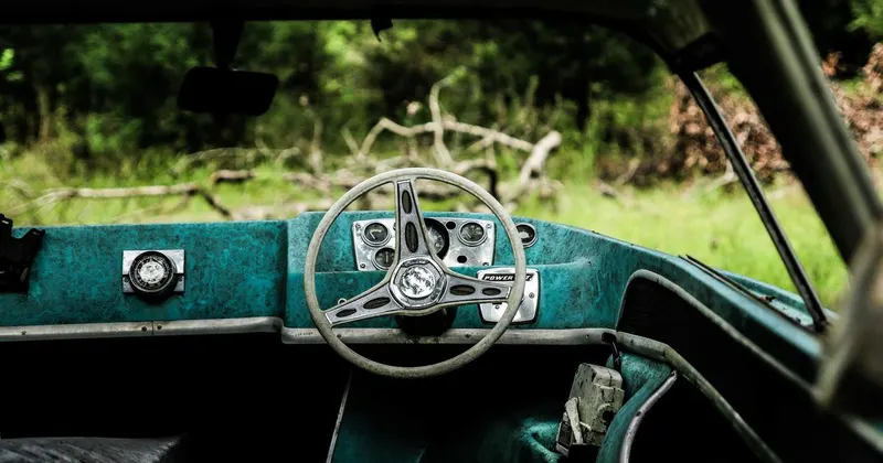 Cast iron skillet on wooden table surrounded by fresh herbs and spices