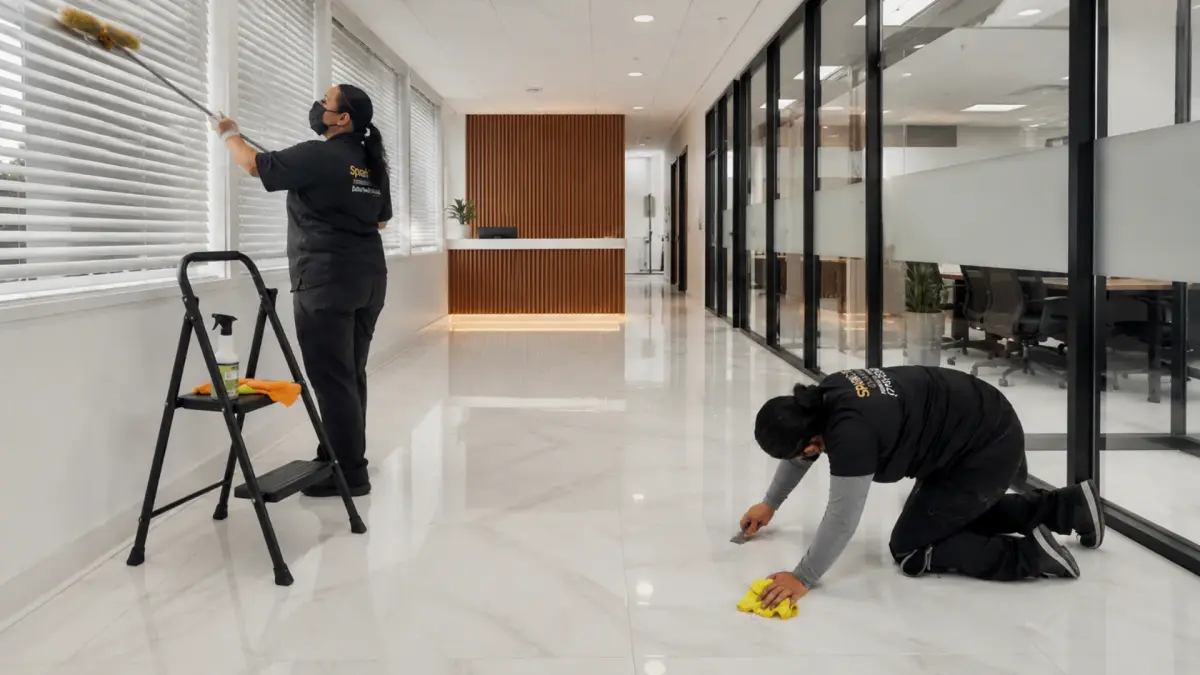 Professional commercial cleaning team at work in North Houston