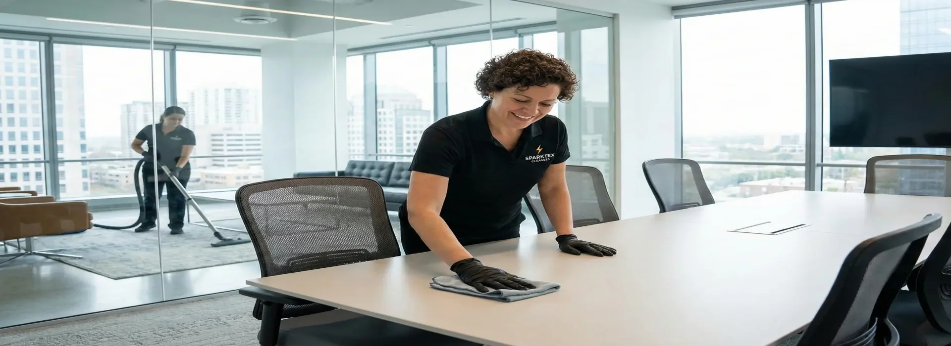 Two SparkTex Cleaners team members in branded polos cleaning a modern office conference room